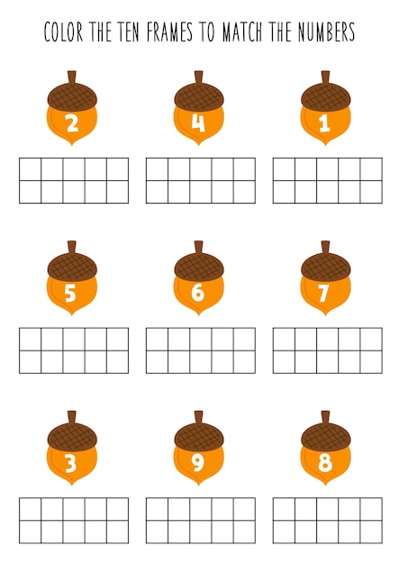 子供のための数学ワークシートに数字に従って10のフレームをカラー