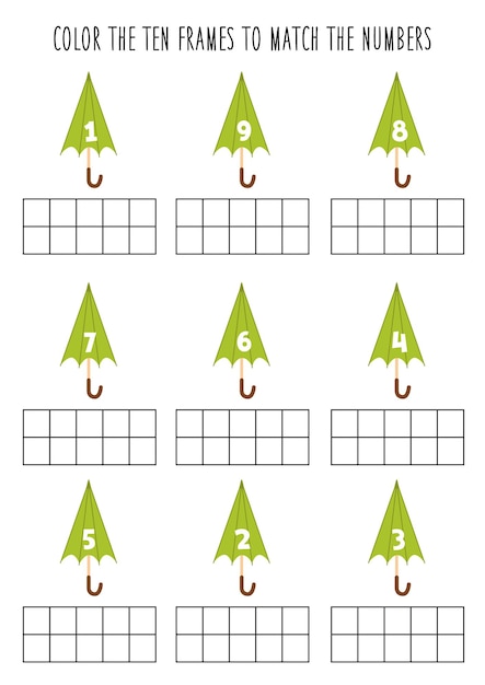 Colorare dieci cornici in base ai numeri foglio di lavoro di matematica per bambini
