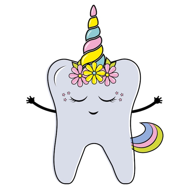 Vector color vector illustration for children tooth with unicorn horn cartoon style