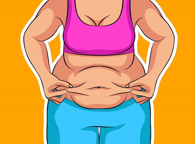 Vector color vector illustration of a girl before weight loss. fat female belly. poster about unhealthy diet and lifestyle. obese female figure