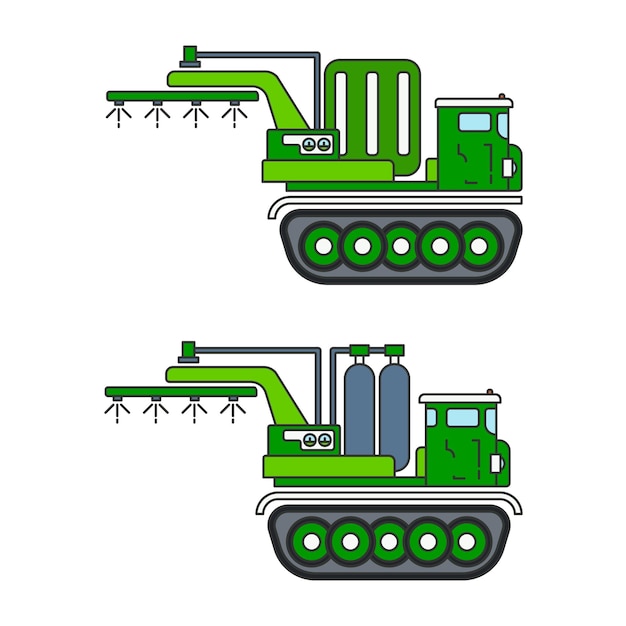 Color vector illustration icon set industrial farming machinery caterpillar truck fertilizers sprayer simple retro style agronomy industrial tool transportation power harvesting tractor diesel