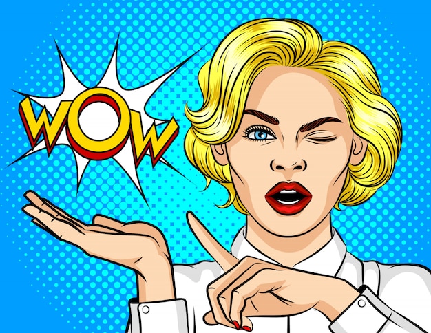 Color vector illustration pop art girl winks and point the finger to the side. Wow effect. The girl is surprised. Shocked girl points to the bubble with the word wow. 