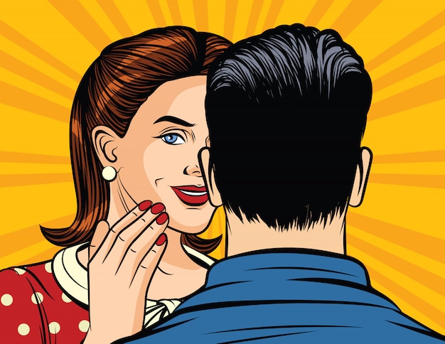 Color vector illustration of pop art style girl whispering a secret to a man