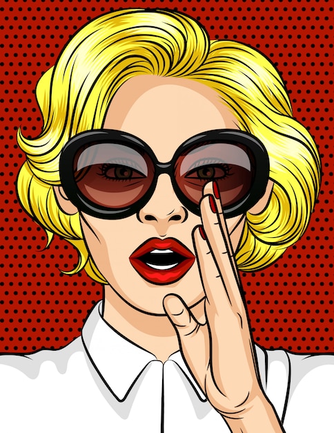 Color vector illustration in pop art style. The woman the blonde in dark glasses tells a secret. A beautiful lady with red lips holds her hand at her mouth.