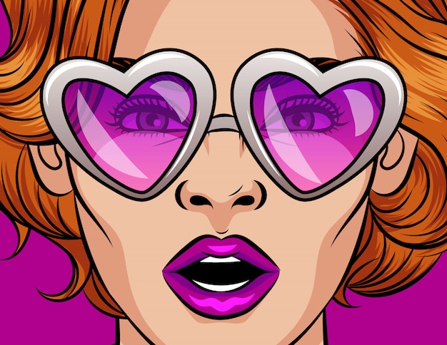 Color vector illustration in pop art style. woman in pink glasses in the shape of a heart. The woman opened her mouth in surprise. Beautiful woman with red hair in retro glasses in plastic frame