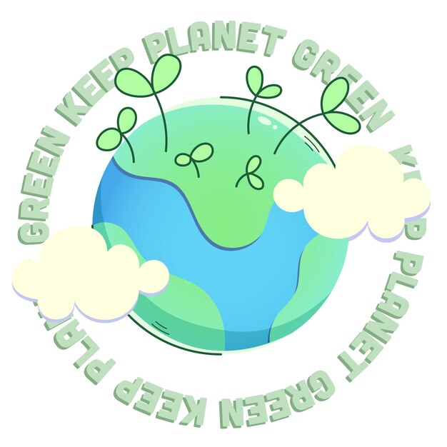 color vector illustration on the theme of ecology with the planet and inscriptions clouds sprouts