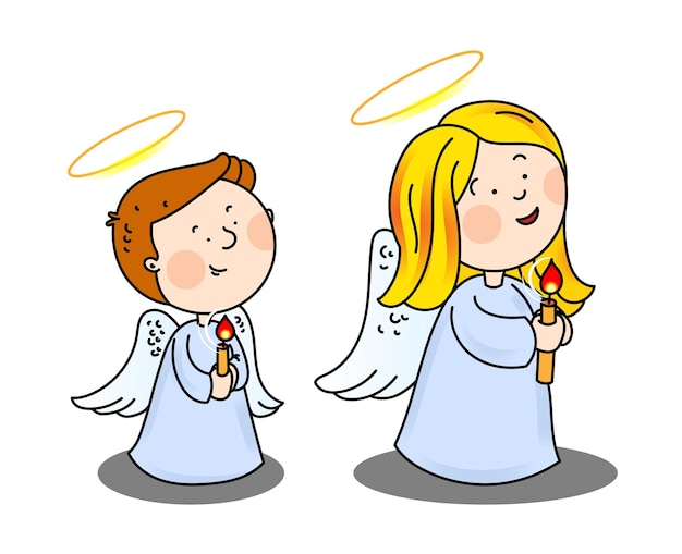 Color, vector illustration of two angels a boy and a girl who are holding candles in their hands.