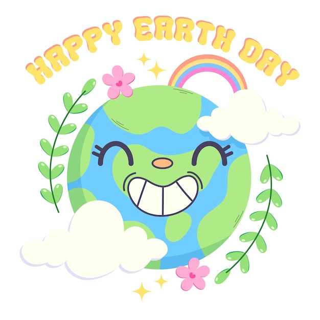 Vector color vector illustration with happy earth image and lettering in groove style rainbow clouds pla