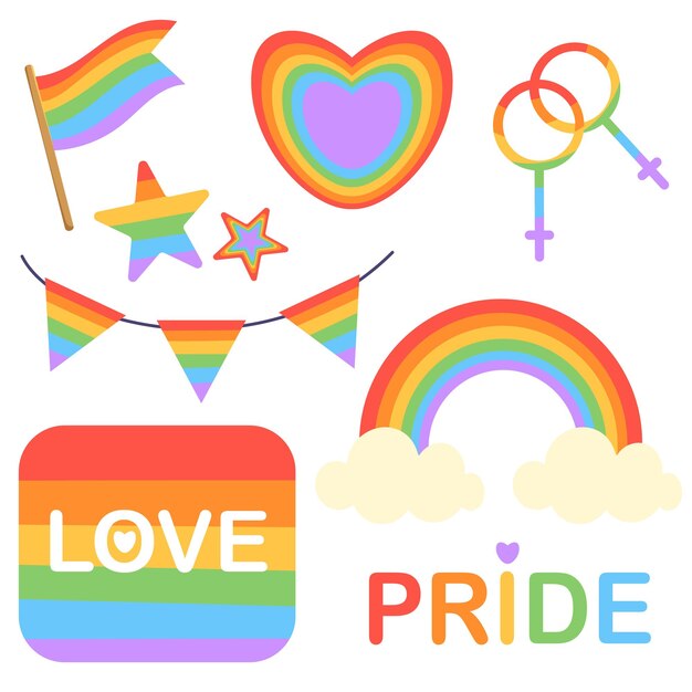 Vector color vector illustration with icons on the theme of lgbt pride month rainbow flag heart