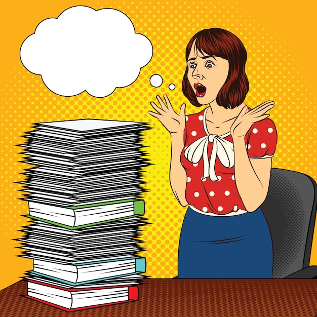 Color vector pop art comic style illustration of a girl in the office. the girl at the desk. busy woman doing office work. worker with a lot of documents on the table. women's stressful face