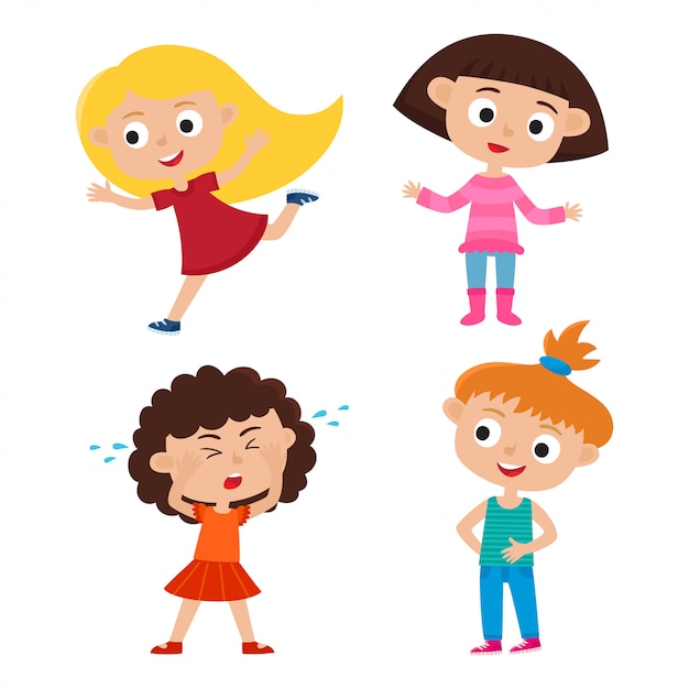 Color vector set of cartoon girls with different emotions isolated on white