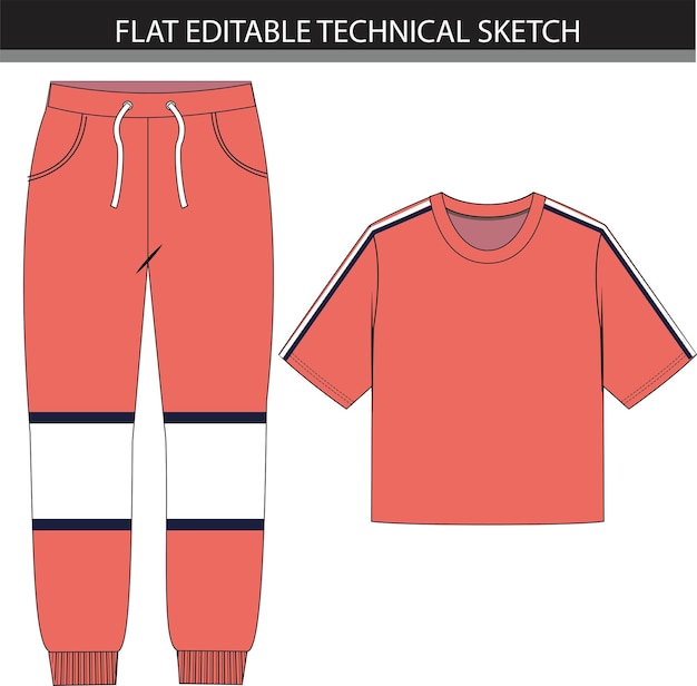 Vettore pantaloni della tuta colorblock con crop top piatto disegno tecnico modificabile