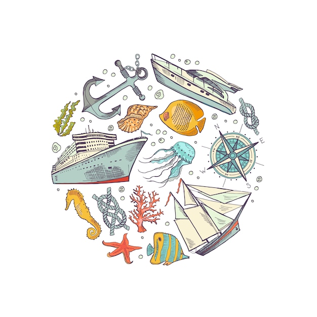 Vector colore sketched sea elements