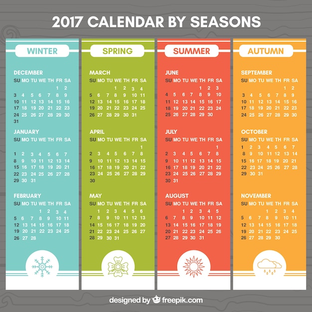 Вектор Цветные календарь 2017 с рисунками сезонов