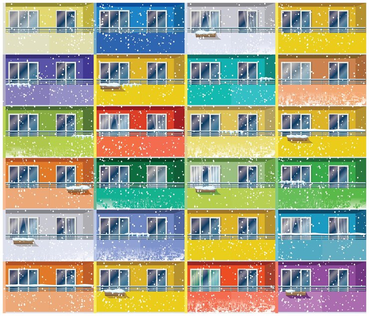 Vector colored apartments house in winter seamless in all directions if needed
