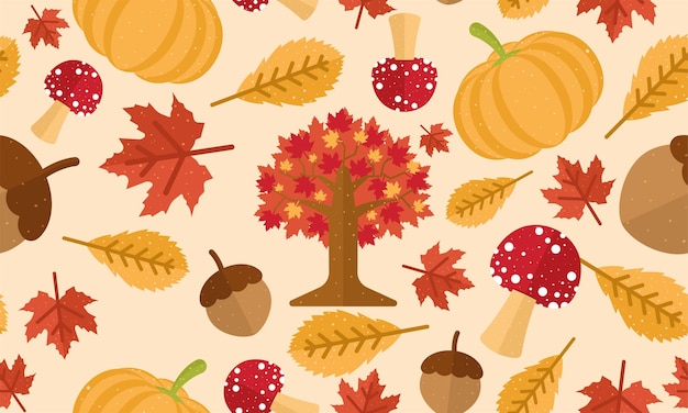 Colored autumn seamless pattern background with trees and pumpkins vector