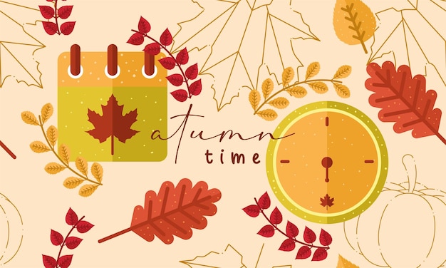 Colored autumn seamless pattern background with watch and calendar Vector