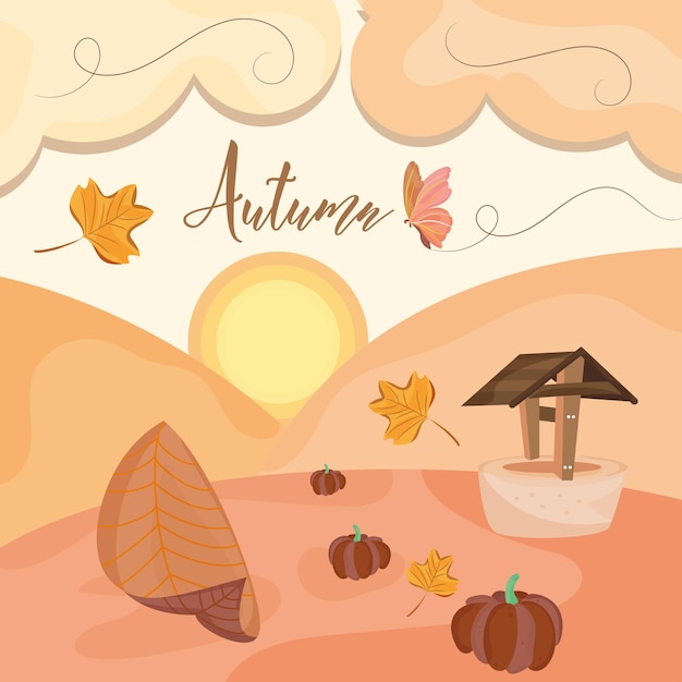 Colored autumn seasonal landscape view Vector illustration