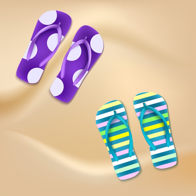 Vector colored beach slippers, sandy background