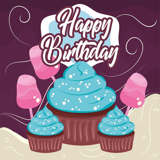 Gruppo di carte di compleanno colorate di muffin e zucchero illustrazione vettoriale
