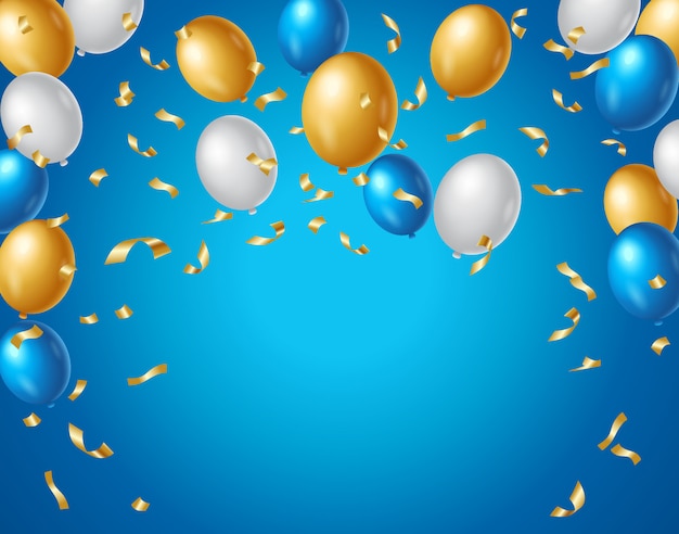 Colored blue, white and gold balloons and golden confetti on a blue background. Colorful birthday anniversary background vector