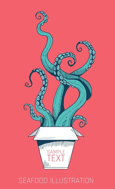 Vector colored bright illustration with tentacles seafood graphic style