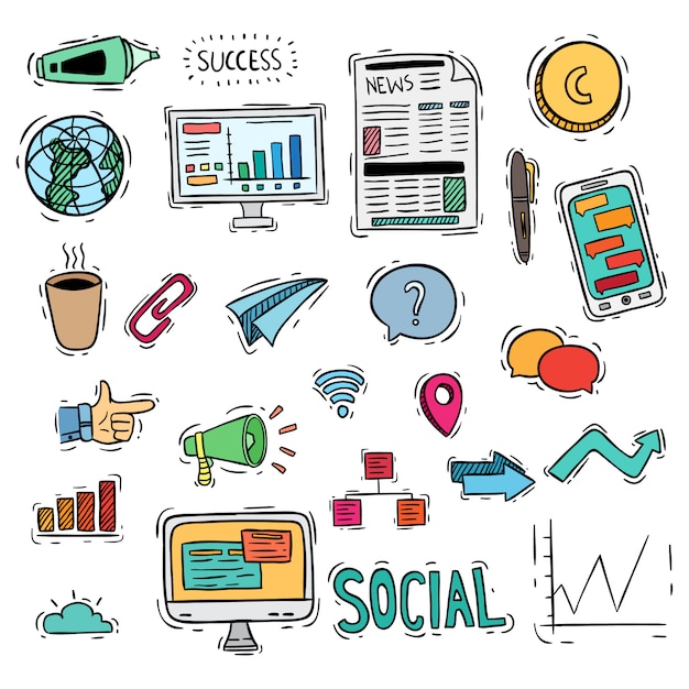 Vector colored business or social media icons with doodle style