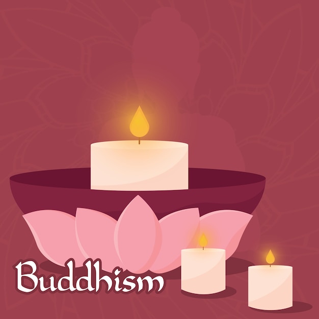 Vector colored candles with lotus flower buddhism concept vector illustration