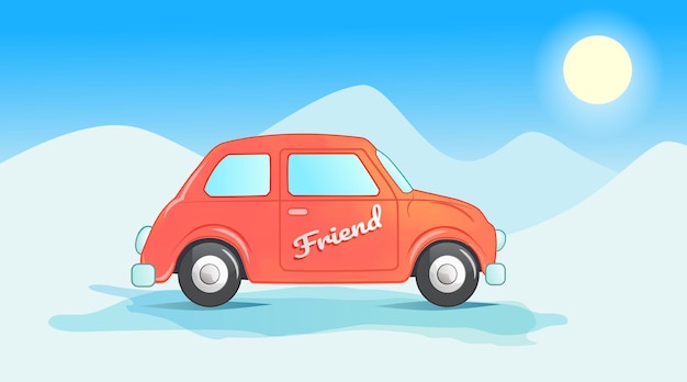 Colored car with snow view and blue sky premium vector