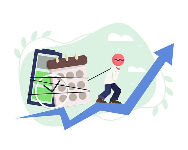 Colored cartoon character showing good productivity performance Process of managing schedule People improving productivity and efficiency when working Vector flat illustration