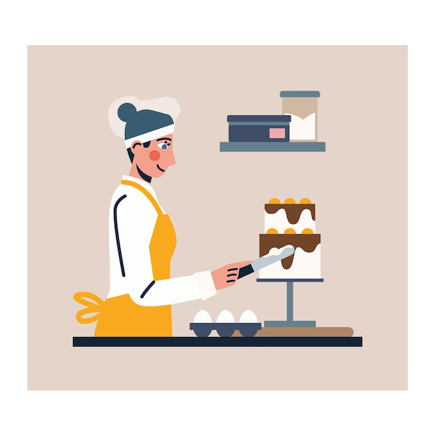colored cartoon character of woman working as professional confectioner