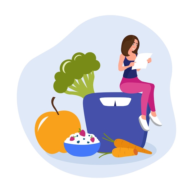 Colored cartoon smiling woman eating healthy food Diet meal for weight loss Fresh fruits and vegetables as sources of energy Vector flat style illustration on white background