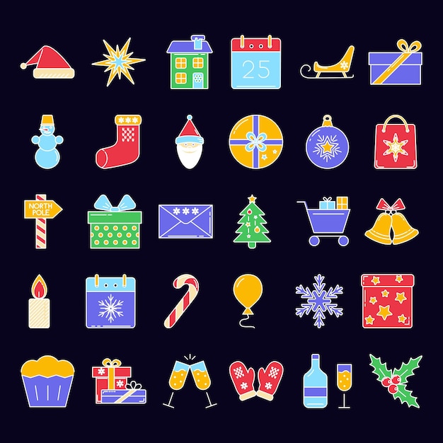 colored christmas icons set
