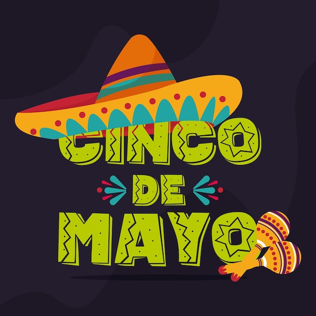 Colored cinco de mayo poster with hat and maracas Vector illustration