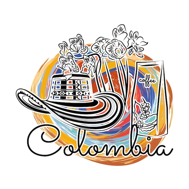 Promozione di viaggio colorata in colombia con fiori di caffè e cappello vector