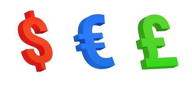 Colored currency symbols volume 3d signs of red dollar and blue euro green pound sterling