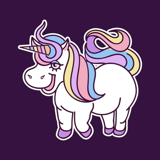 Unicorno carino colorato illustrazione di schizzo di adesivo unicorno isolato su oscurità