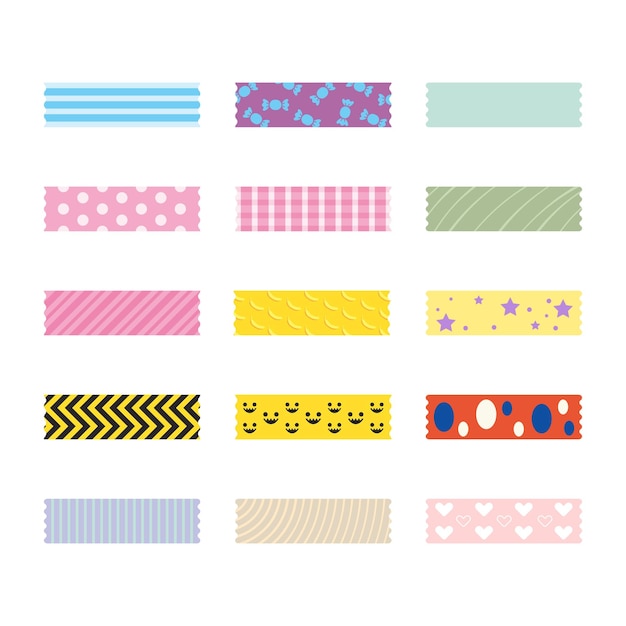 Colored decorative tape washi sticker strips for text decoration Set of colorful patterned washi tape Vector illustration