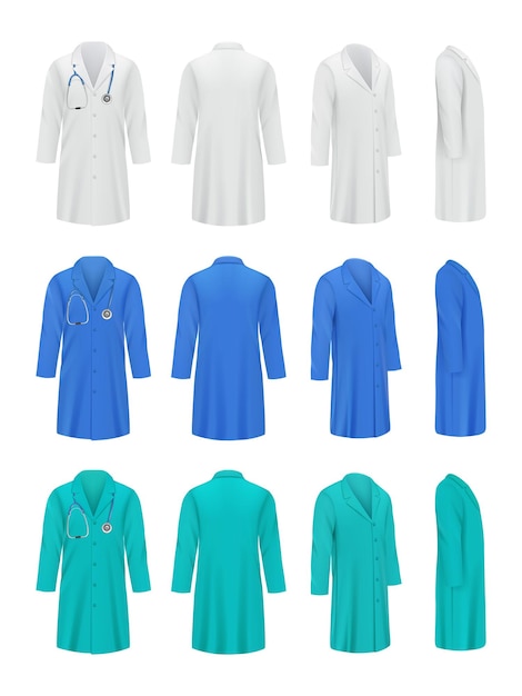 Colored doctor coats. Professional fashioned uniform for medical specialists workwear jacket nurse decent vector illustrations. Medical doctor, professional uniform for hospital