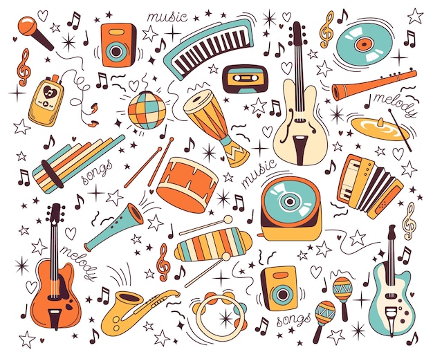 Vettore elementi musicali doodle colorati