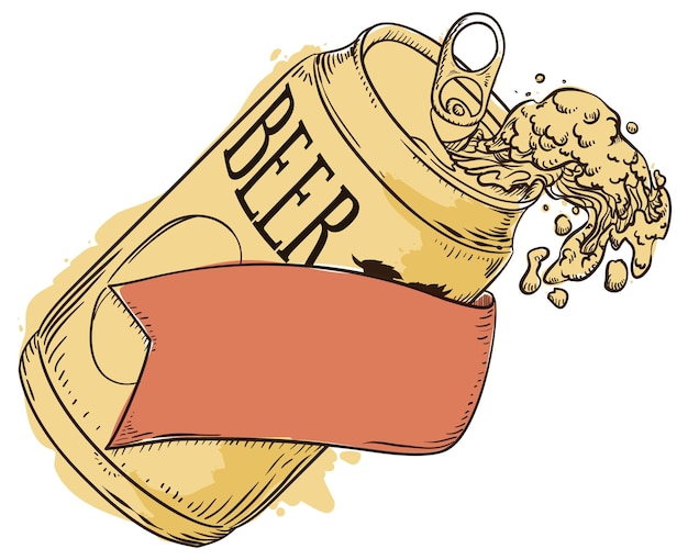 Vector colored drawing of a beer can spilling liquid and froth decorated with empty ribbon