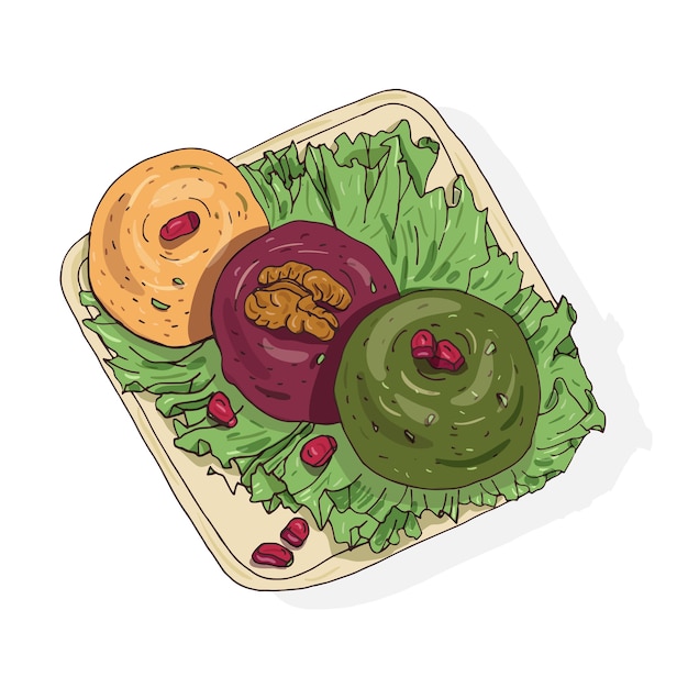 Vector colored drawing of delicious pkhali lying on plate.