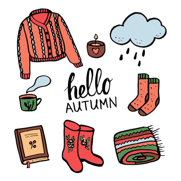 Colored fall doodle set. autumn stickers. hand-drawn elements for cold weather. vector illustration