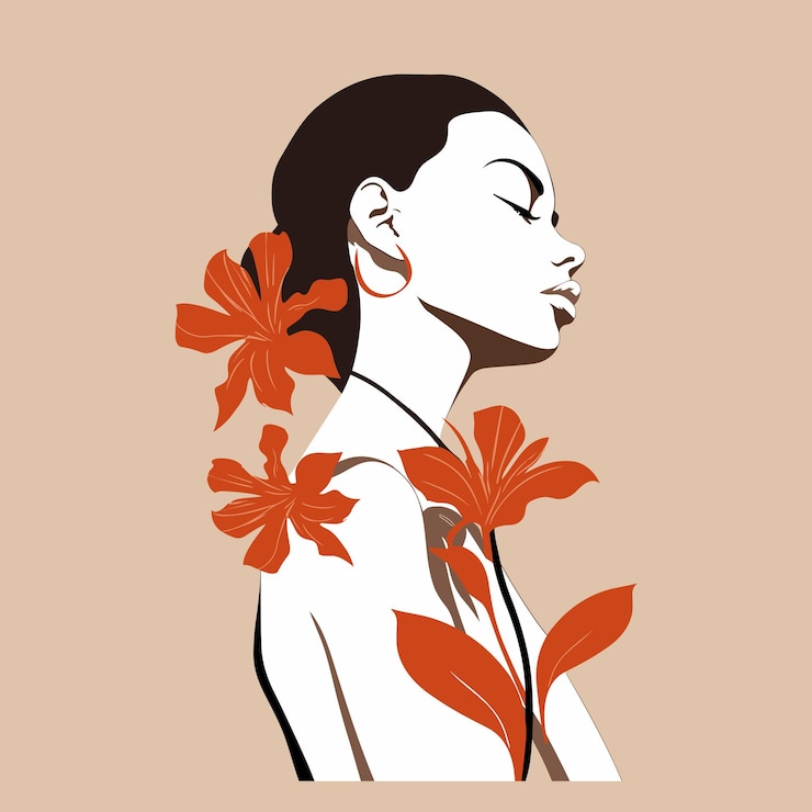 Vector colored female gentle sensual silhouette with red lilies mysterious elegant portrait vector flat