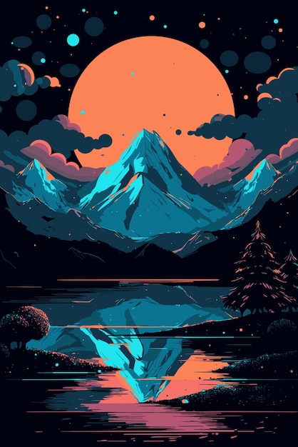 Vettore poster piatto colorato con nuvole di montagna, lago e sole serale. illustrazione vettoriale