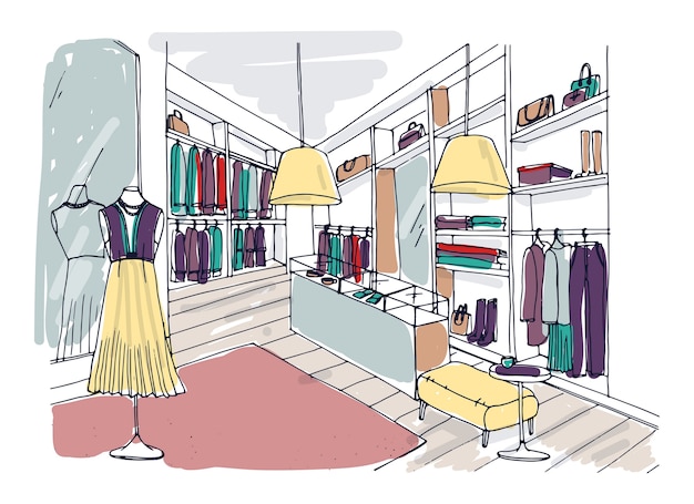 Colored freehand drawing of trendy clothing boutique interior with furnishings, showcases, mannequins dressed in fashionable clothes