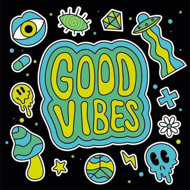 Colored group of groovy emotes and icons Good vibes Vector
