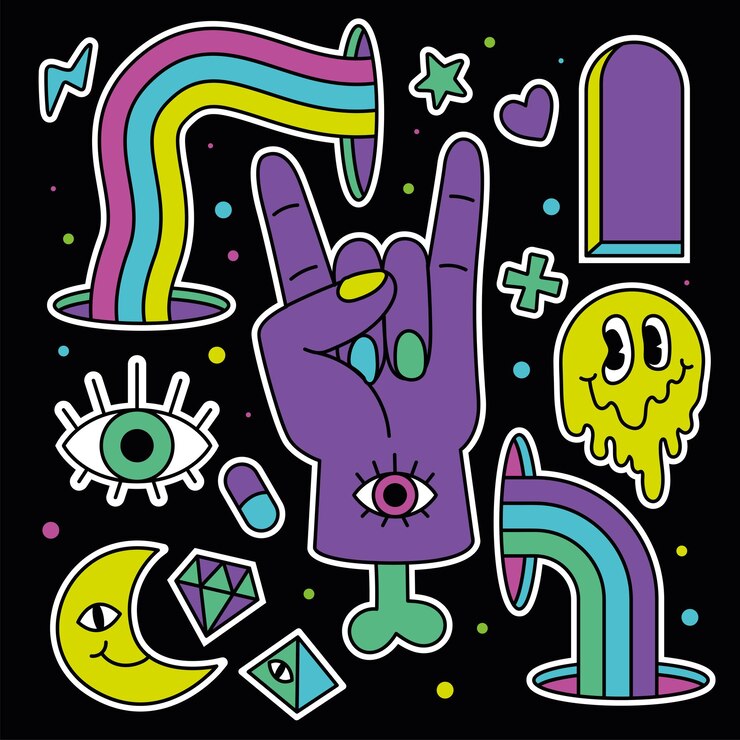 Colored group of groovy emotes and icons Hand with bones Vector