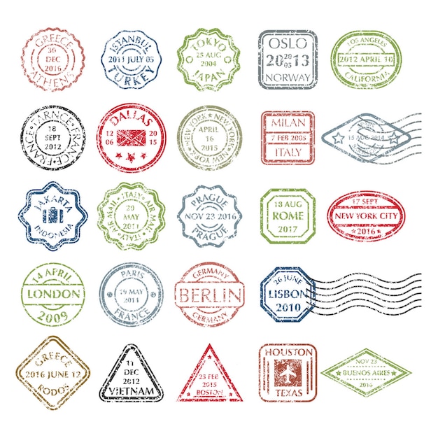 colored grungy postal stamps set in different shapes from 24 city in the world