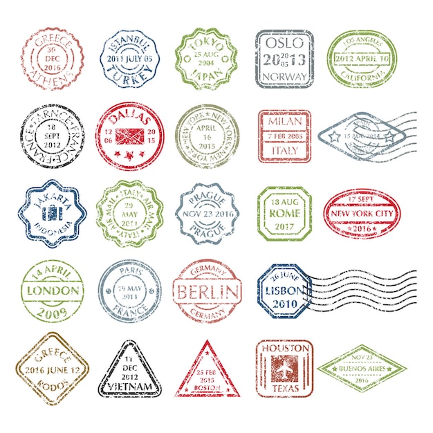 Vector colored grungy postal stamps set in different shapes from 24 city in the world